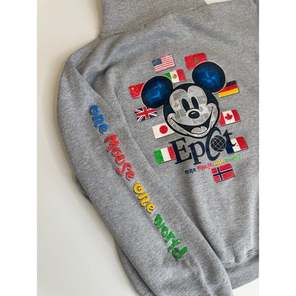 Vtg Disney Epcot One Mouse One World Grey Zip Up Hoodie Sweatshirt Size Small - Picture 8 of 8